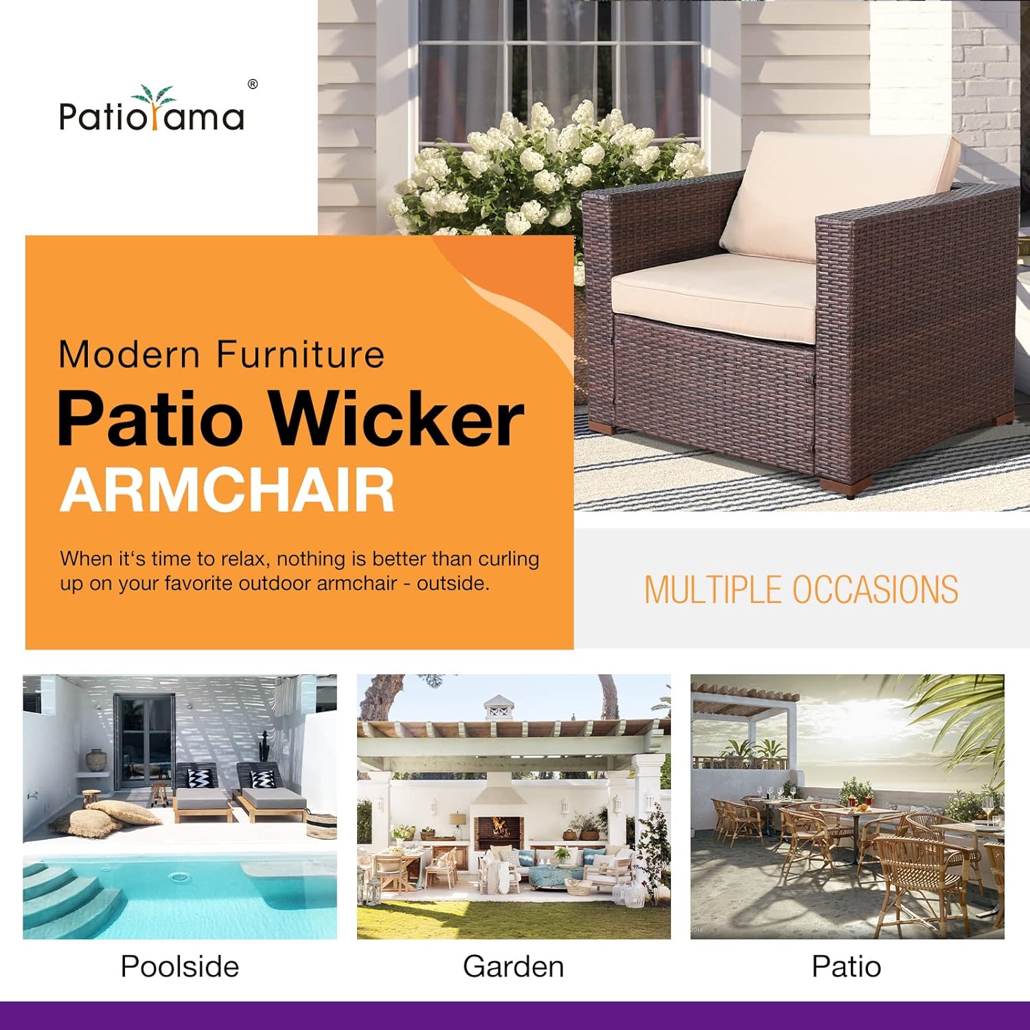 Patiorama Patio Single Sofa, Outdoor Armchair, All-Weather Brown PE Wicker Rattan Sectional Sofa, Additional Chair for Furniture Set, Patio Seating for Balcony Garden Porch Pool (Beige Cushion) - Image 7