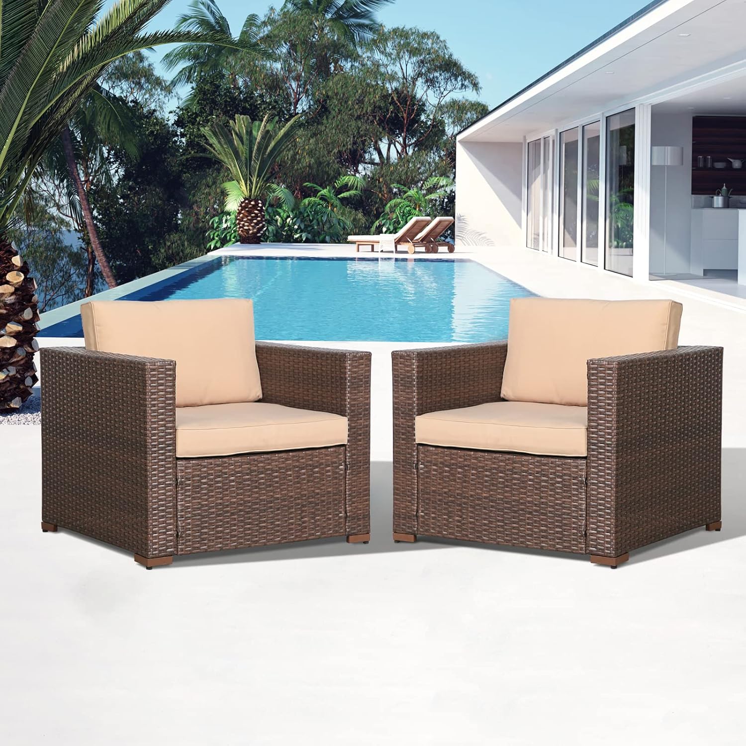 Patiorama Patio Single Sofa, Outdoor Armchair, All-Weather Brown PE Wicker Rattan Sectional Sofa, Additional Chair for Furniture Set, Patio Seating for Balcony Garden Porch Pool (Beige Cushion) - Image 8