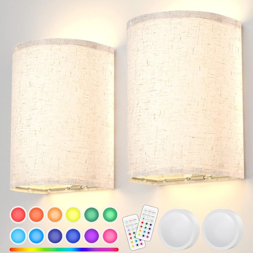 PESUTEN Wall Sconce Lighting Decor Set of 2, 16 RGB Colors Wireless Wall Sconce with Fabric Shade Remote Control, Dimmable Wall Lamp Fixtures for Bedroom Living Room Hallway - Image 9