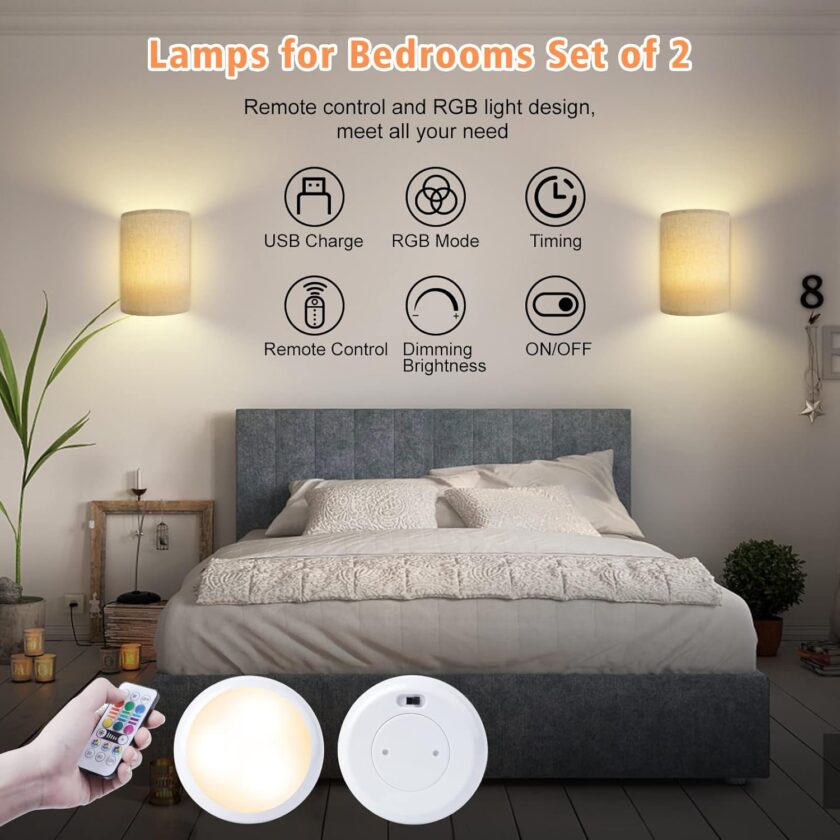 PESUTEN Wall Sconce Lighting Decor Set of 2, 16 RGB Colors Wireless Wall Sconce with Fabric Shade Remote Control, Dimmable Wall Lamp Fixtures for Bedroom Living Room Hallway - Image 4