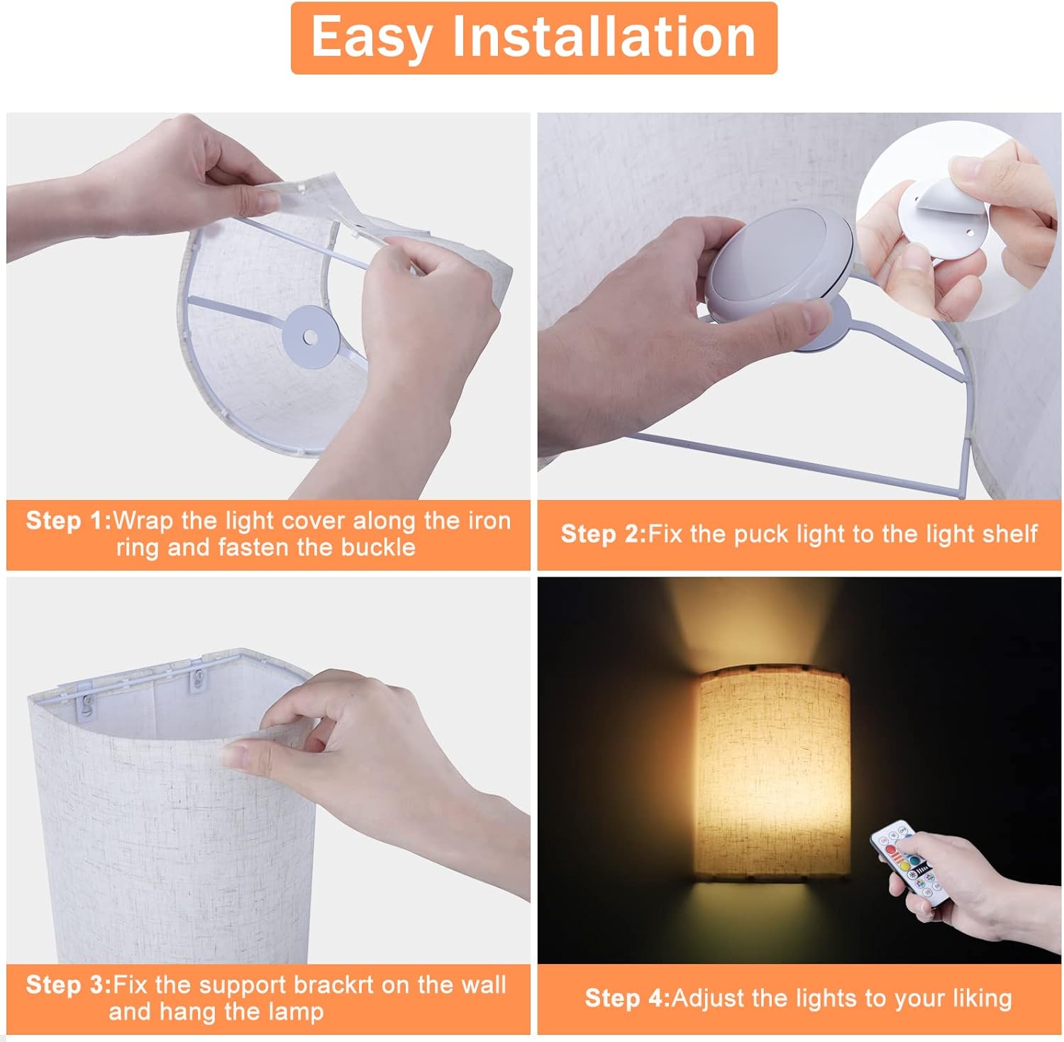 PESUTEN Wall Sconce Lighting Decor Set of 2, 16 RGB Colors Wireless Wall Sconce with Fabric Shade Remote Control, Dimmable Wall Lamp Fixtures for Bedroom Living Room Hallway - Image 7