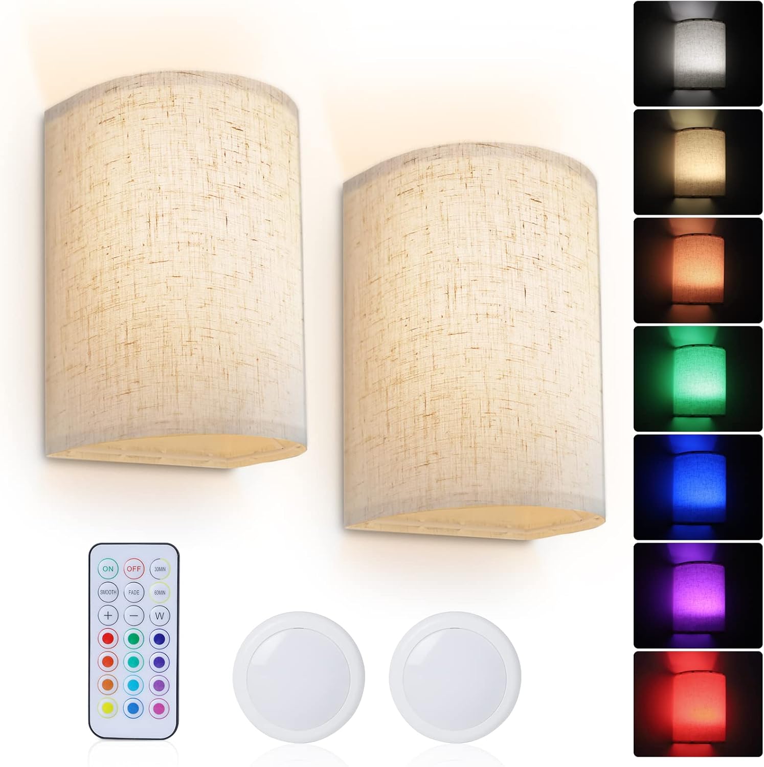 PESUTEN Wall Sconce Lighting Decor Set of 2, 16 RGB Colors Wireless Wall Sconce with Fabric Shade Remote Control, Dimmable Wall Lamp Fixtures for Bedroom Living Room Hallway - Image 8