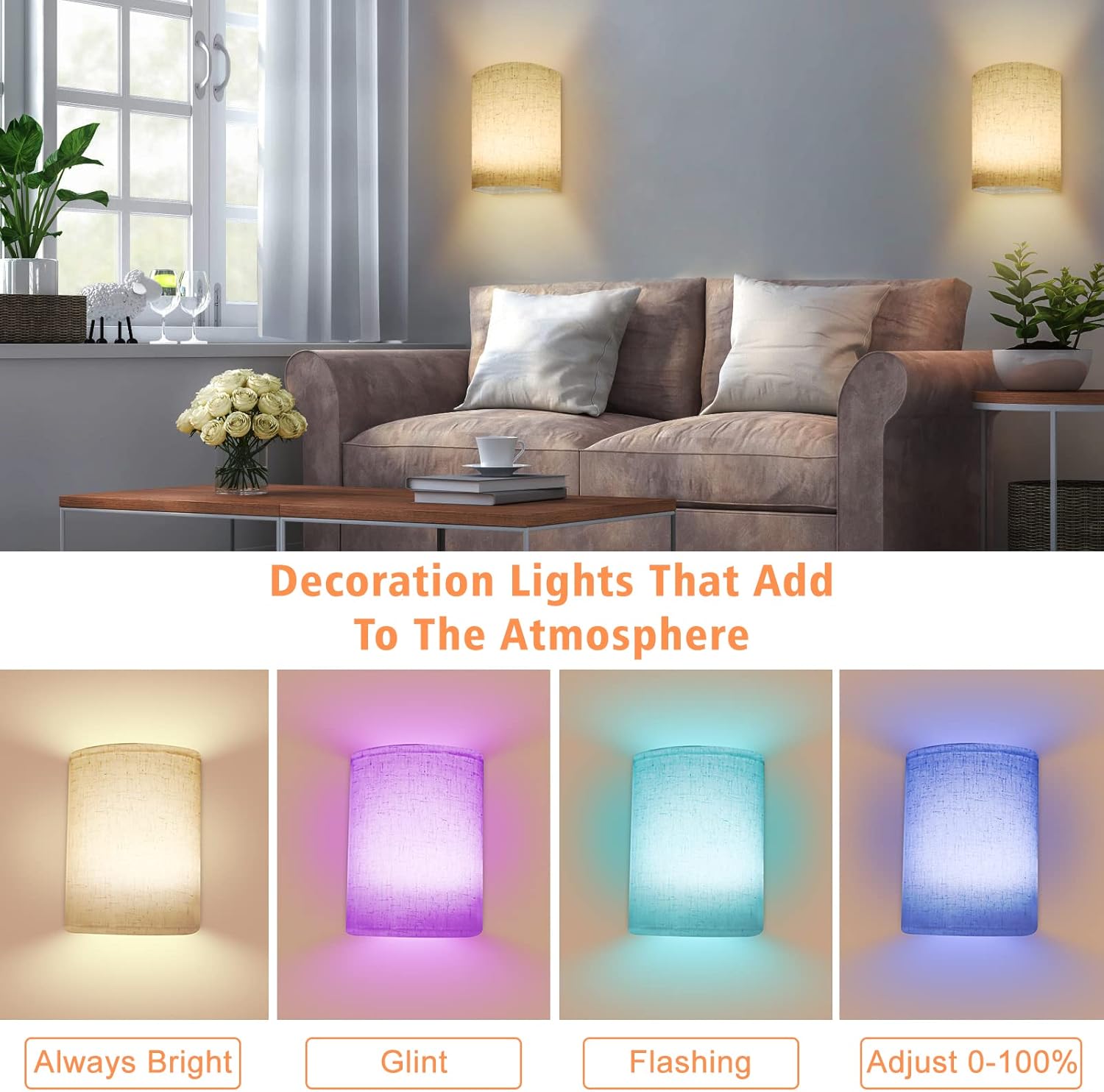 PESUTEN Wall Sconce Lighting Decor Set of 2, 16 RGB Colors Wireless Wall Sconce with Fabric Shade Remote Control, Dimmable Wall Lamp Fixtures for Bedroom Living Room Hallway - Image 3