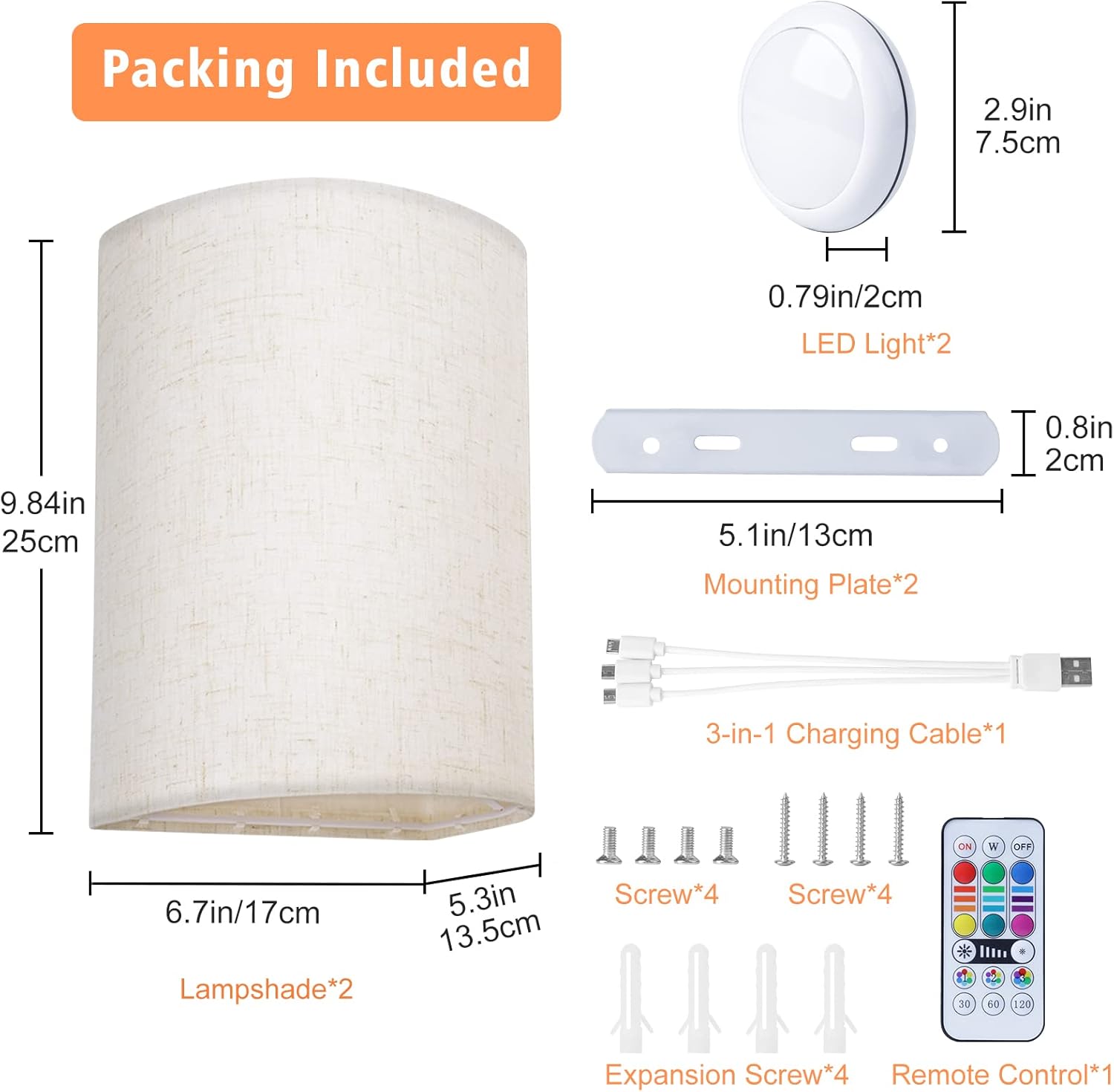 PESUTEN Wall Sconce Lighting Decor Set of 2, 16 RGB Colors Wireless Wall Sconce with Fabric Shade Remote Control, Dimmable Wall Lamp Fixtures for Bedroom Living Room Hallway - Image 6