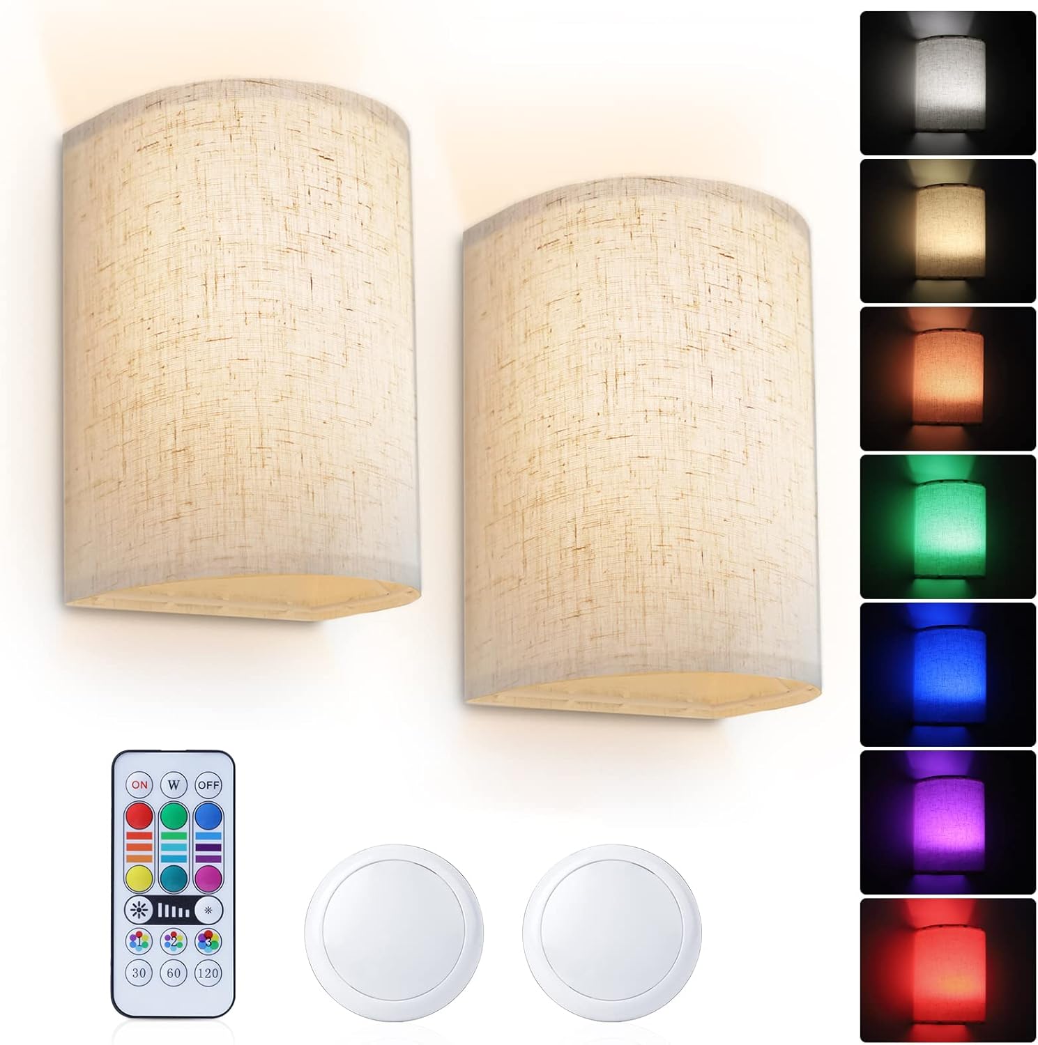 PESUTEN Wall Sconce Lighting Decor Set of 2, 16 RGB Colors Wireless Wall Sconce with Fabric Shade Remote Control, Dimmable Wall Lamp Fixtures for Bedroom Living Room Hallway