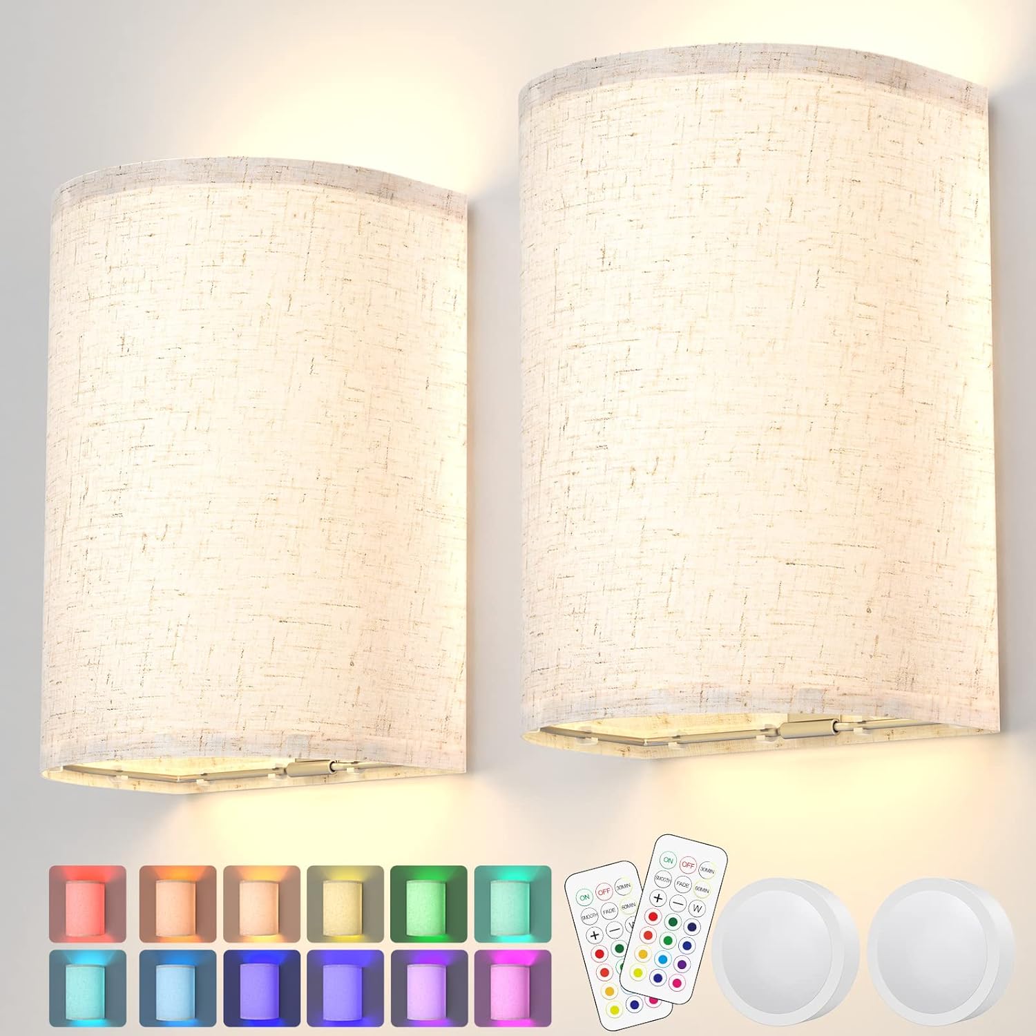 PESUTEN Wall Sconce Lighting Decor Set of 2, 16 RGB Colors Wireless Wall Sconce with Fabric Shade Remote Control, Dimmable Wall Lamp Fixtures for Bedroom Living Room Hallway - Image 10
