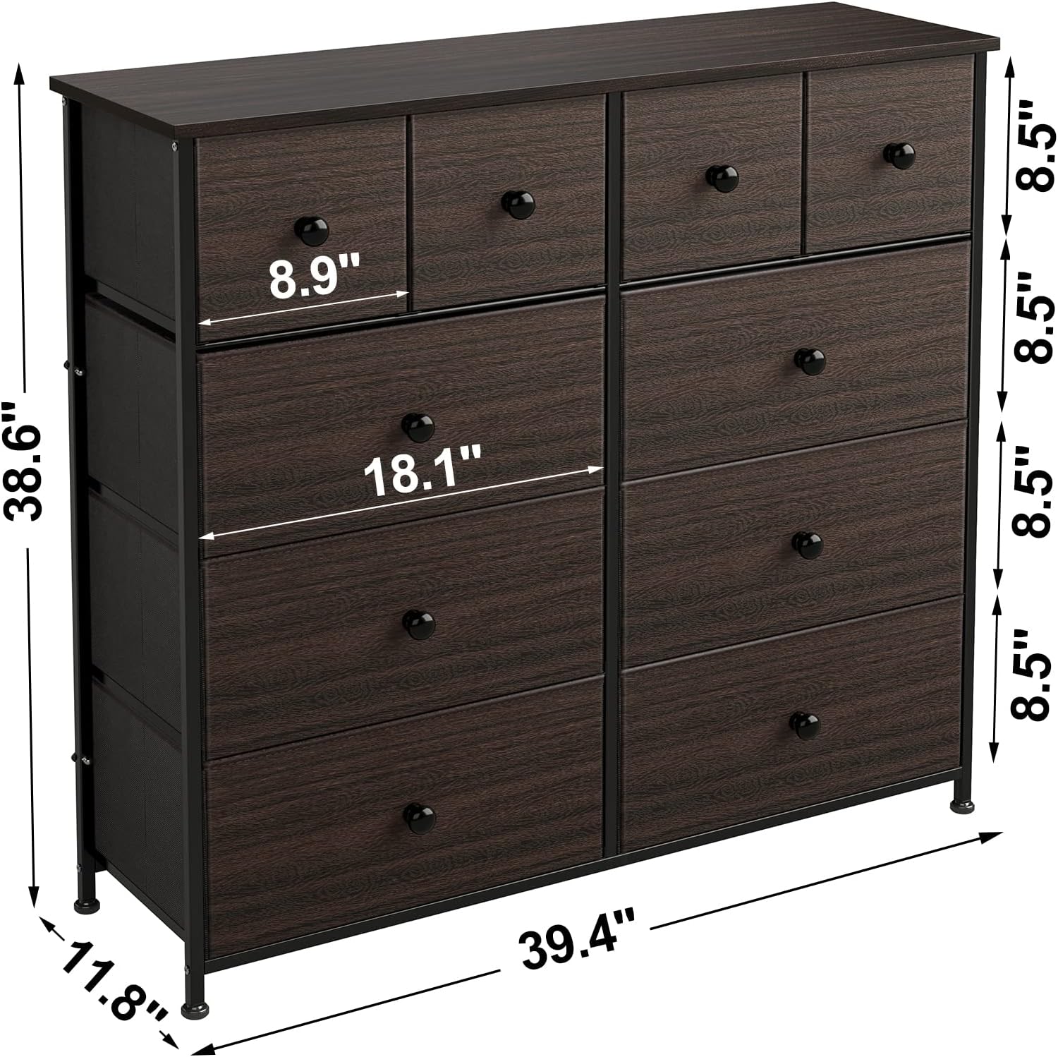 REAHOME 10 Drawer Dresser for Bedroom Faux Leather Chest of Drawers Fabric Dresser with Wooden Top Storage Organizer Unit for Living Room Hallway Entryway Closets (Rustic Brown) - Image 3