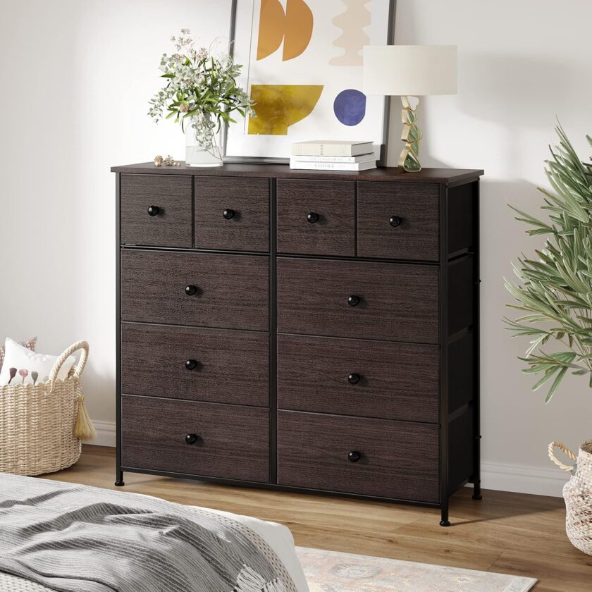 REAHOME 10 Drawer Dresser for Bedroom Faux Leather Chest of Drawers Fabric Dresser with Wooden Top Storage Organizer Unit for Living Room Hallway Entryway Closets (Rustic Brown) - Image 4