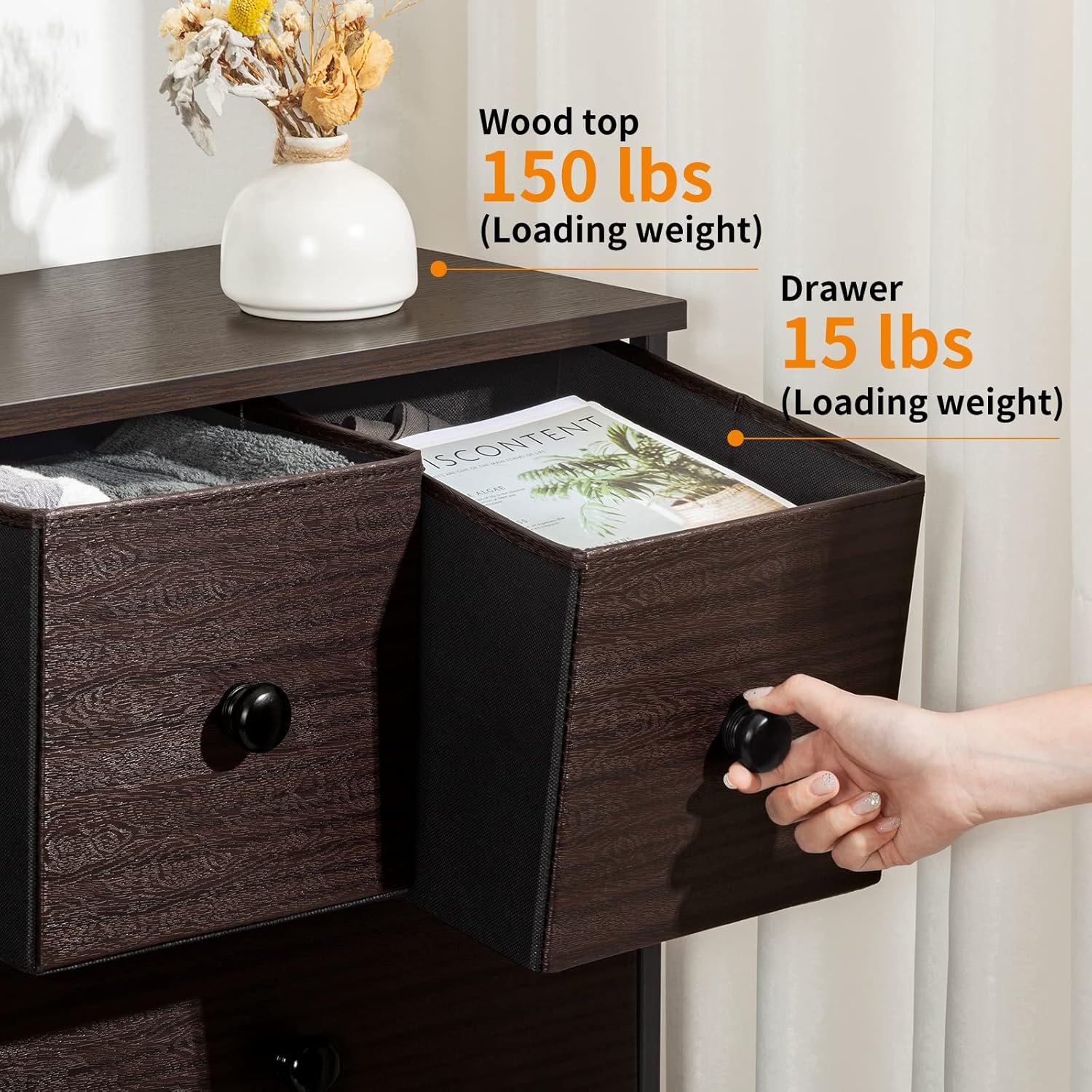 REAHOME 10 Drawer Dresser for Bedroom Faux Leather Chest of Drawers Fabric Dresser with Wooden Top Storage Organizer Unit for Living Room Hallway Entryway Closets (Rustic Brown) - Image 5