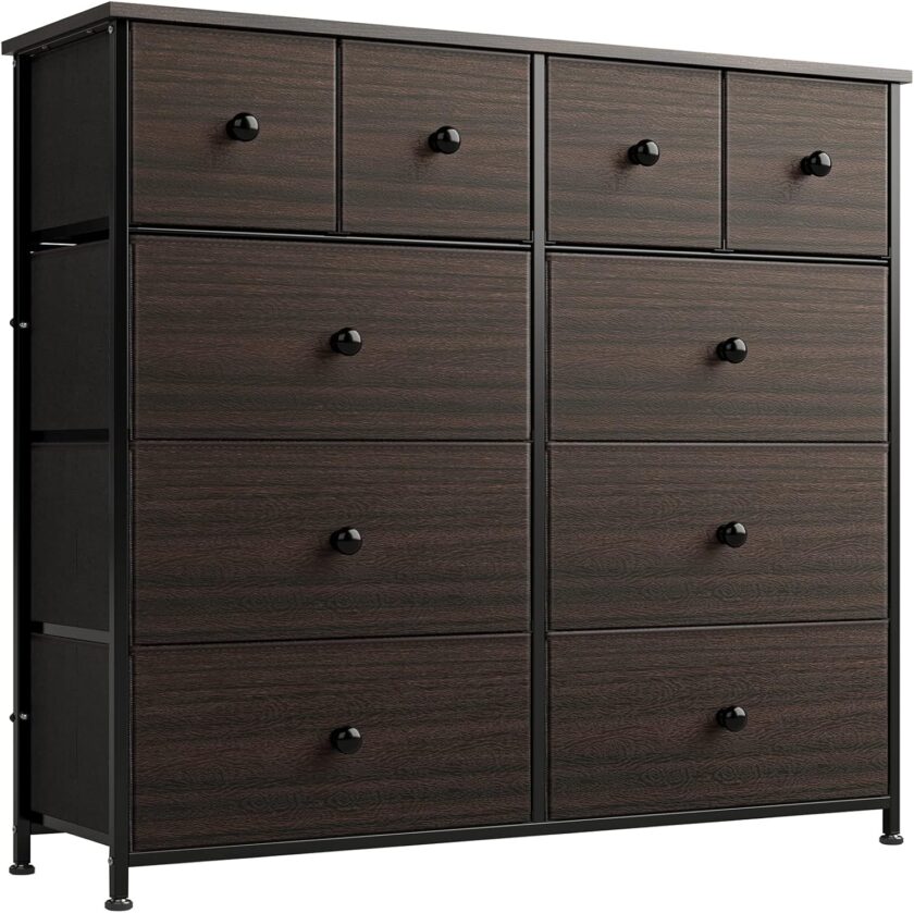 REAHOME 10 Drawer Dresser for Bedroom Faux Leather Chest of Drawers Fabric Dresser with Wooden Top Storage Organizer Unit for Living Room Hallway Entryway Closets (Rustic Brown)