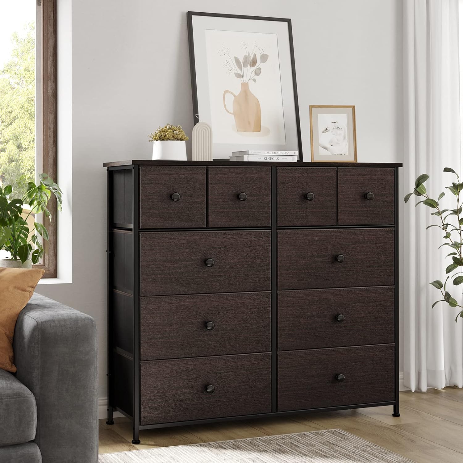 REAHOME 10 Drawer Dresser for Bedroom Faux Leather Chest of Drawers Fabric Dresser with Wooden Top Storage Organizer Unit for Living Room Hallway Entryway Closets (Rustic Brown) - Image 2