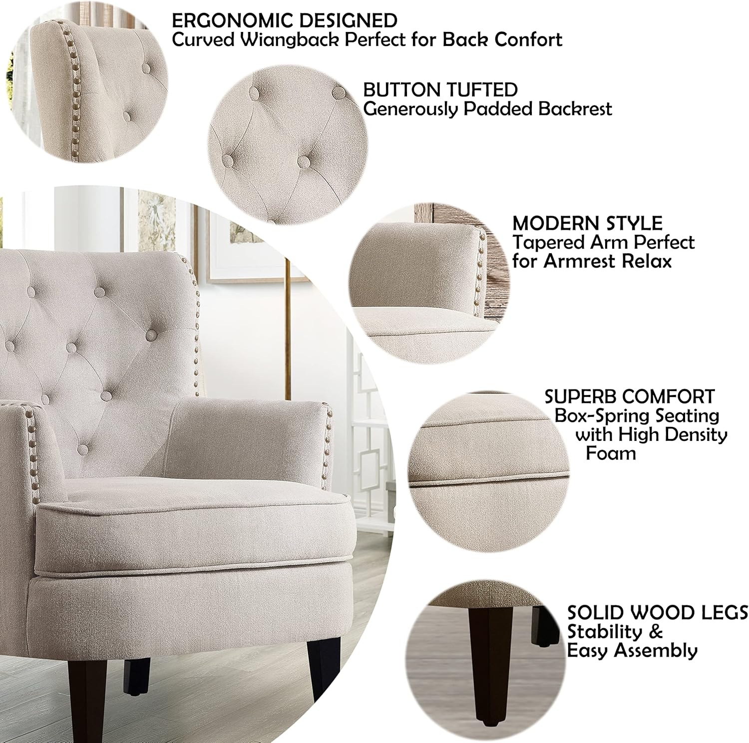 Rosevera Atlas Furniture Reading Arm Living Room Comfy Small Accent Chairs for Bedroom, Standard, Velvet Pearl Beige - Image 5