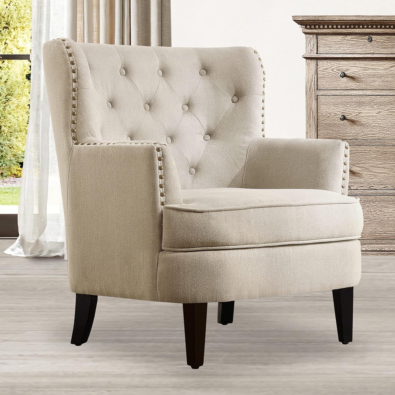Rosevera Atlas Furniture Reading Arm Living Room Comfy Small Accent Chairs for Bedroom, Standard, Velvet Pearl Beige