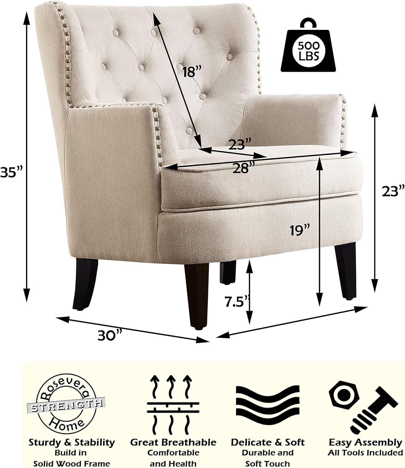 Rosevera Atlas Furniture Reading Arm Living Room Comfy Small Accent Chairs for Bedroom, Standard, Velvet Pearl Beige - Image 2