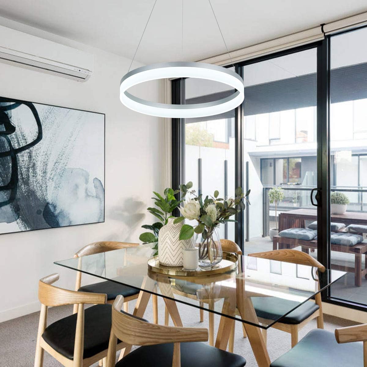 ROYAL PEARL LED Modern Chandelier 1-Ring Circular Pendant Light Flush Mount Pendant Lighting for Living Room Dining Room, 6000k, Silver - Image 8