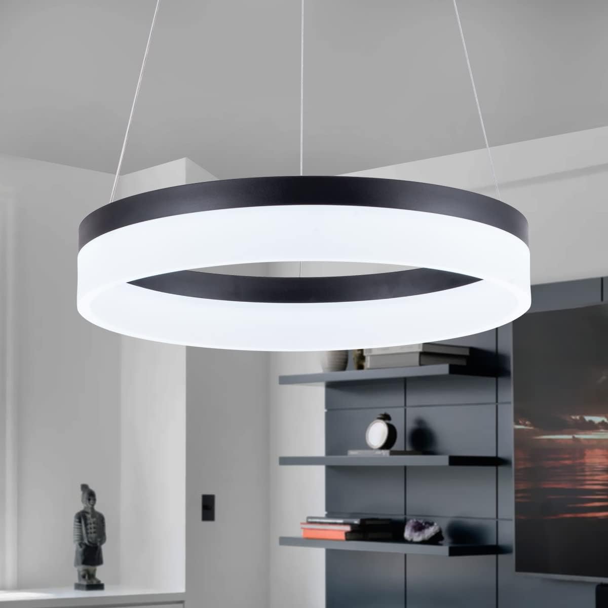ROYAL PEARL LED Modern Chandelier 1-Ring Circular Pendant Light Flush Mount Pendant Lighting for Living Room Dining Room, 6000k, Silver - Image 10