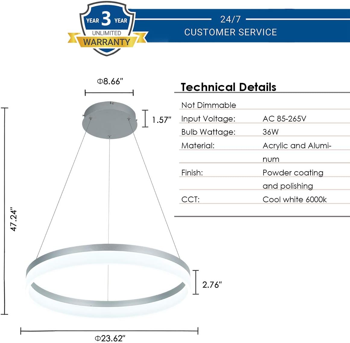 ROYAL PEARL LED Modern Chandelier 1-Ring Circular Pendant Light Flush Mount Pendant Lighting for Living Room Dining Room, 6000k, Silver - Image 4