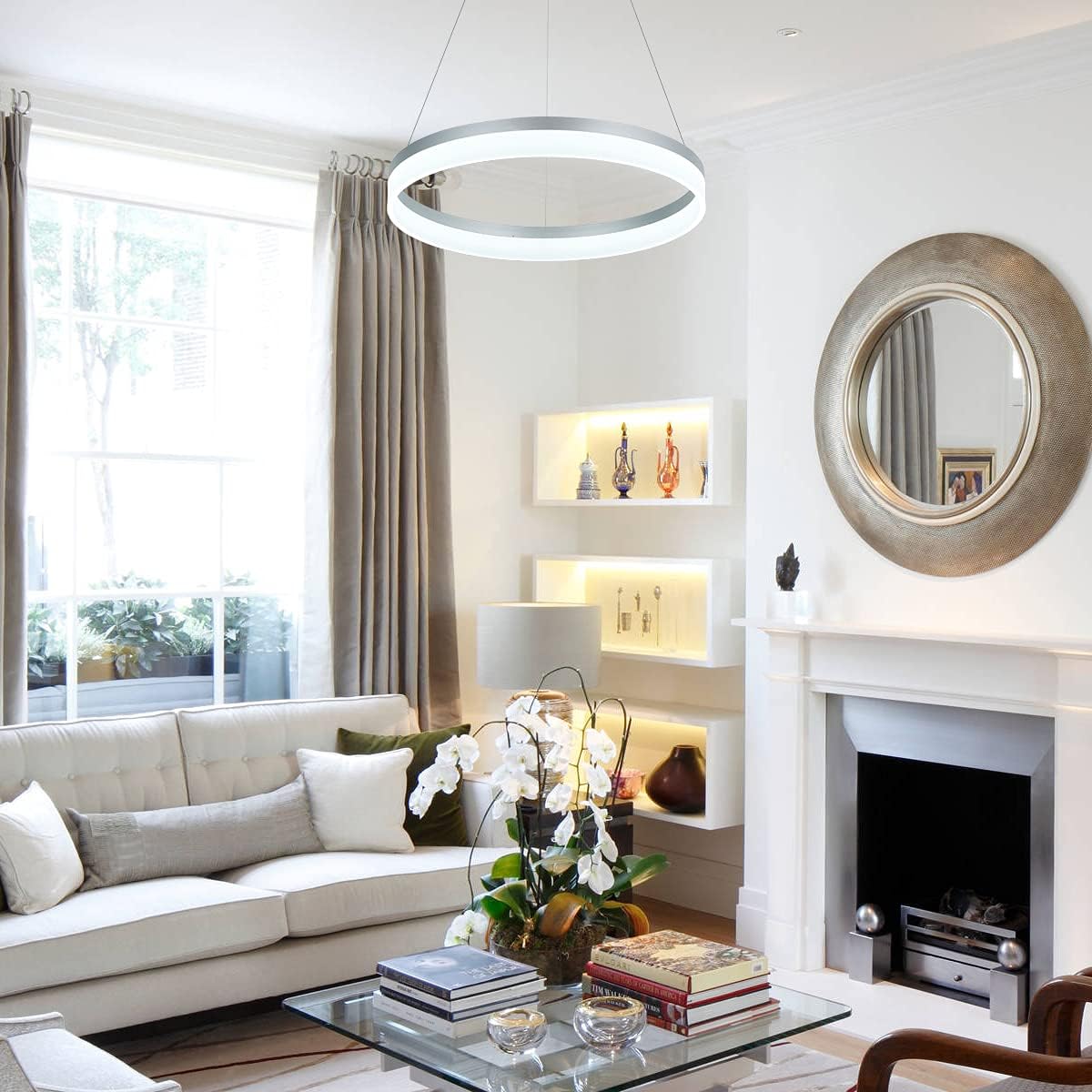 ROYAL PEARL LED Modern Chandelier 1-Ring Circular Pendant Light Flush Mount Pendant Lighting for Living Room Dining Room, 6000k, Silver - Image 5