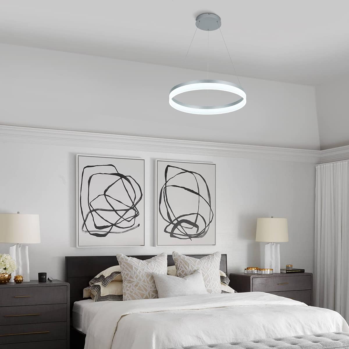 ROYAL PEARL LED Modern Chandelier 1-Ring Circular Pendant Light Flush Mount Pendant Lighting for Living Room Dining Room, 6000k, Silver - Image 6