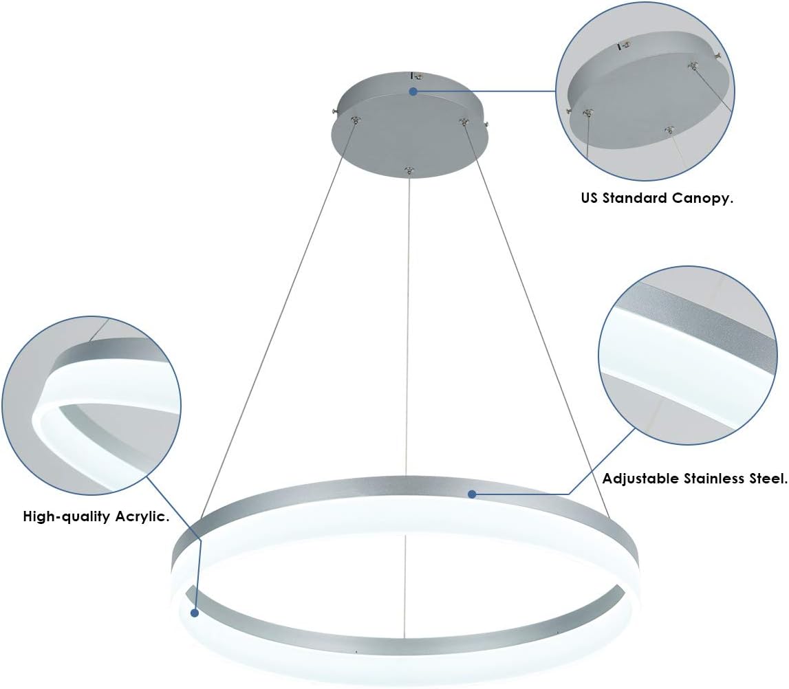 ROYAL PEARL LED Modern Chandelier 1-Ring Circular Pendant Light Flush Mount Pendant Lighting for Living Room Dining Room, 6000k, Silver - Image 3