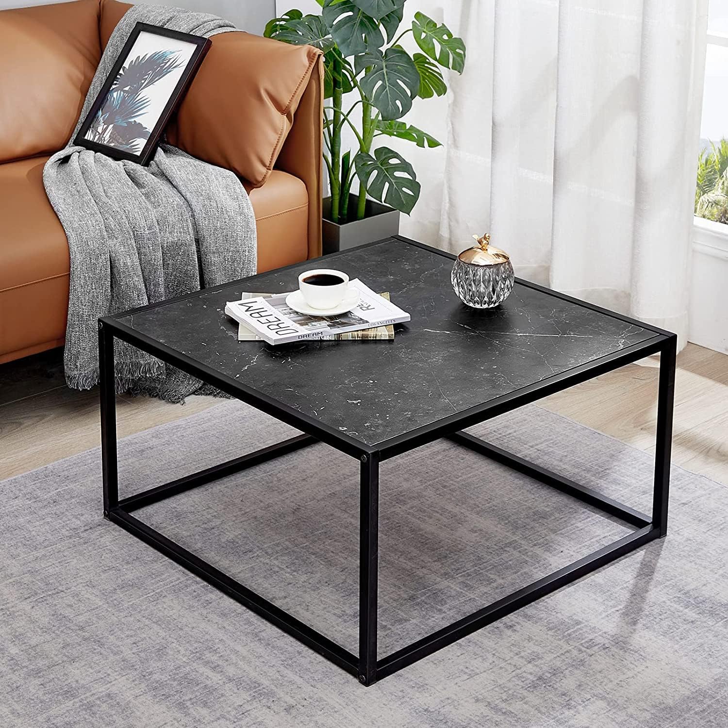 SAYGOER Black Coffee Table Small Square Coffee Tables Simple Modern Center Table for Living Room Home Office 27.6 * 27.6 * 15.7Inch, Easy Assembly, Black Faux Marble - Image 3