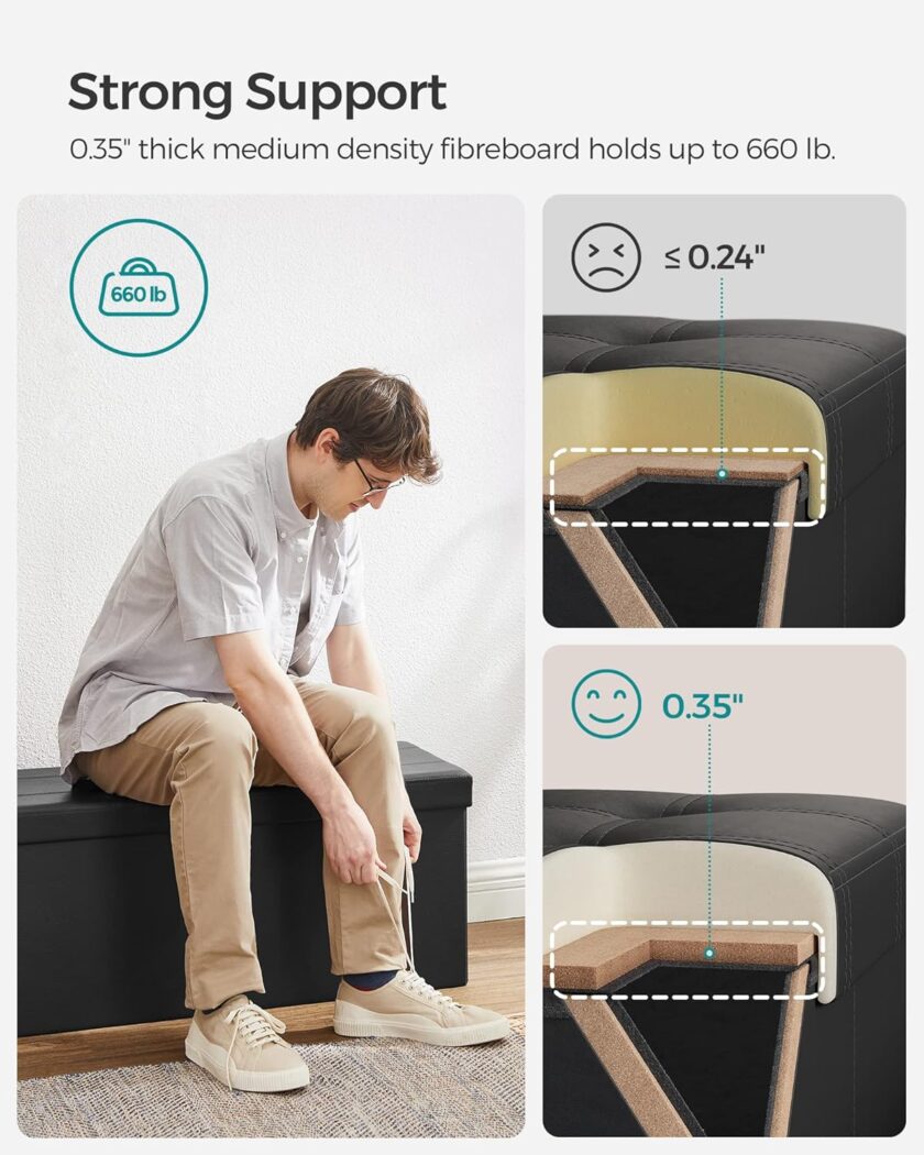 SONGMICS 43 Inches Folding Storage Ottoman Bench, Storage Chest, Footrest, Coffee Table, Padded Seat, Faux Leather, Holds up to 660 lb, Black ULSF701 - Image 4