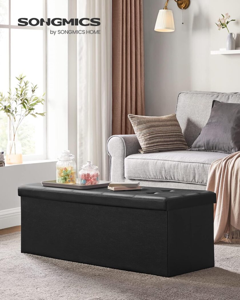 SONGMICS 43 Inches Folding Storage Ottoman Bench, Storage Chest, Footrest, Coffee Table, Padded Seat, Faux Leather, Holds up to 660 lb, Black ULSF701 - Image 2