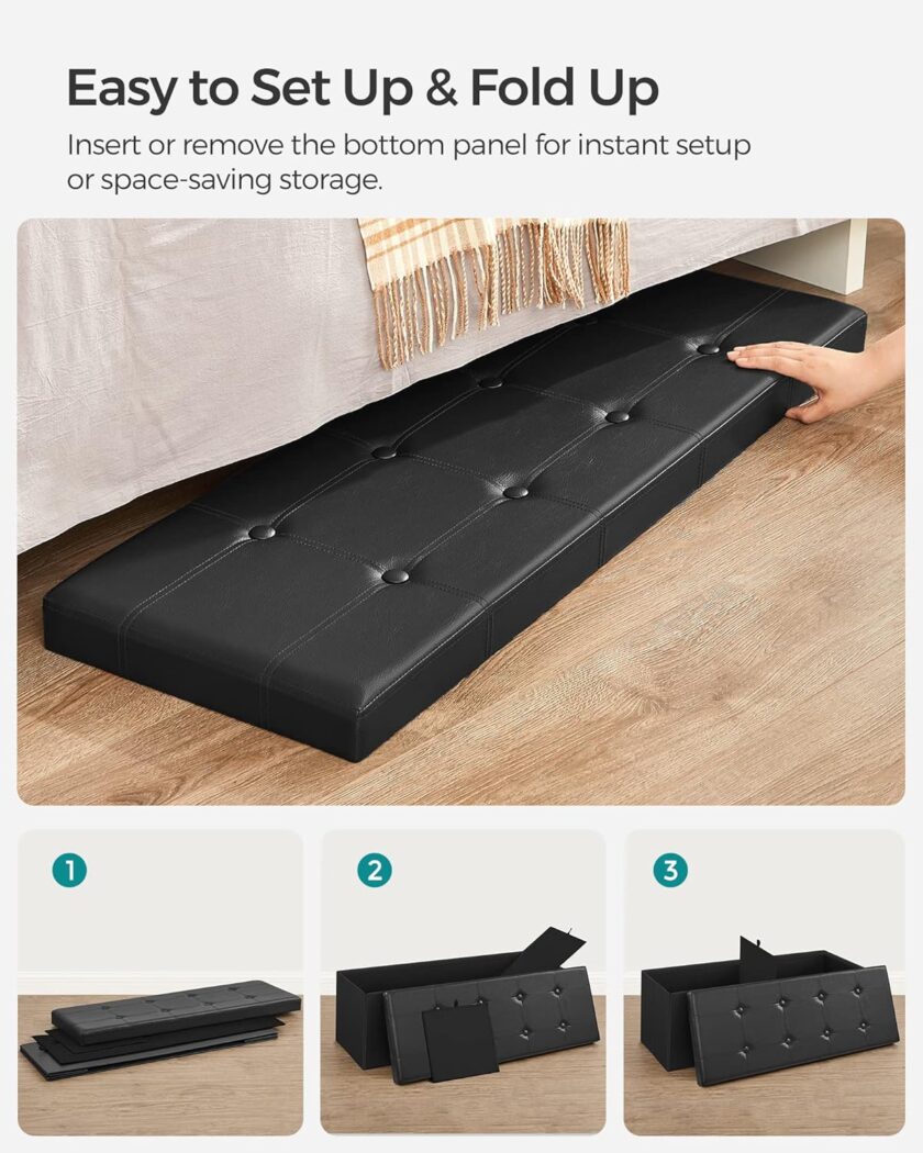 SONGMICS 43 Inches Folding Storage Ottoman Bench, Storage Chest, Footrest, Coffee Table, Padded Seat, Faux Leather, Holds up to 660 lb, Black ULSF701 - Image 5