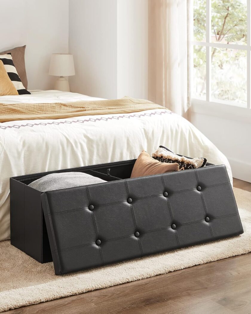 SONGMICS 43 Inches Folding Storage Ottoman Bench, Storage Chest, Footrest, Coffee Table, Padded Seat, Faux Leather, Holds up to 660 lb, Black ULSF701 - Image 7
