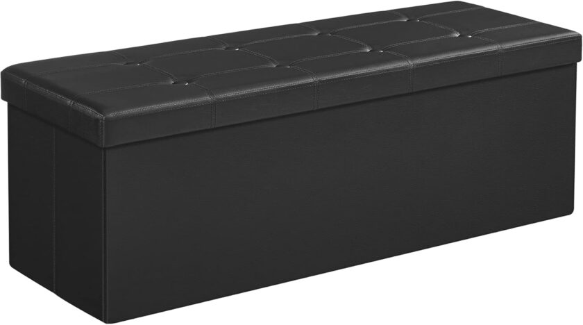 SONGMICS 43 Inches Folding Storage Ottoman Bench, Storage Chest, Footrest, Coffee Table, Padded Seat, Faux Leather, Holds up to 660 lb, Black ULSF701