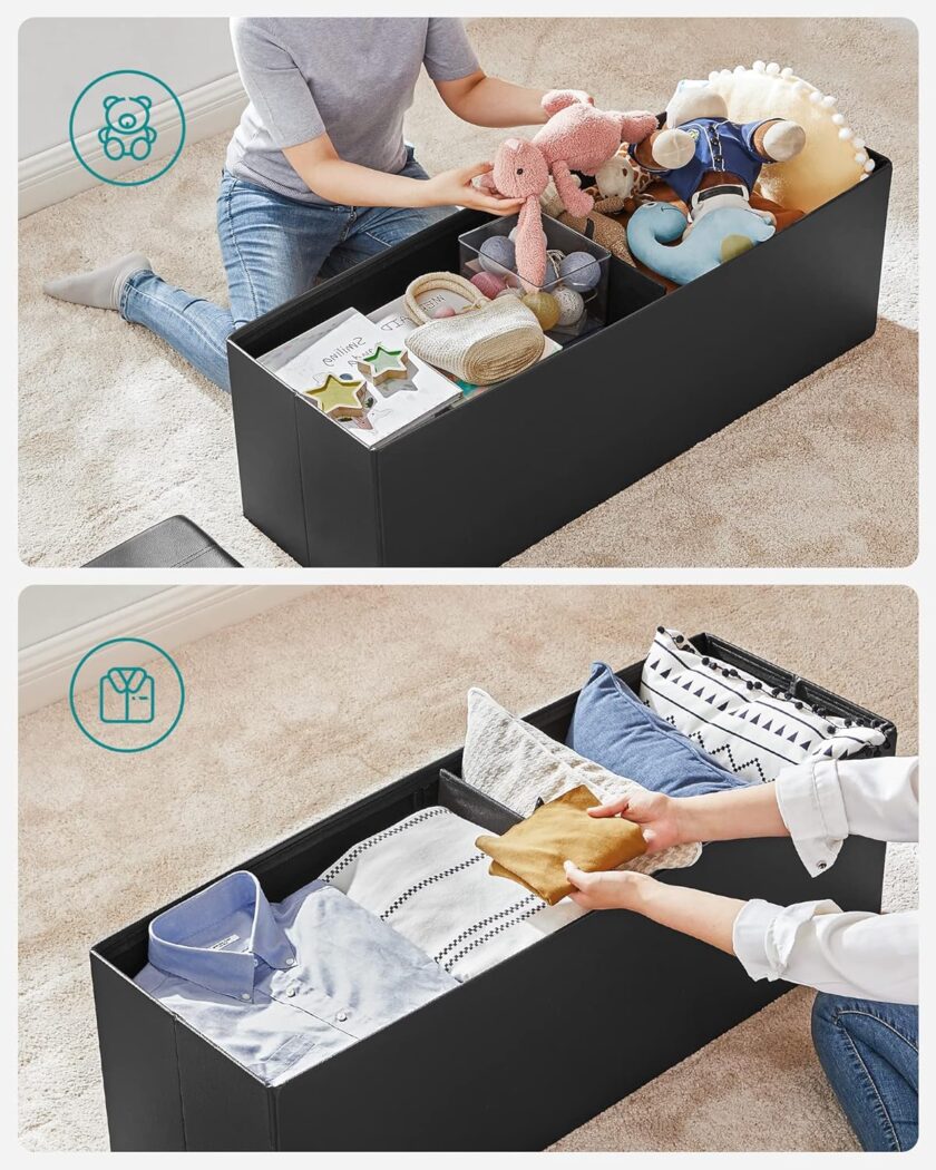 SONGMICS 43 Inches Folding Storage Ottoman Bench, Storage Chest, Footrest, Coffee Table, Padded Seat, Faux Leather, Holds up to 660 lb, Black ULSF701 - Image 9