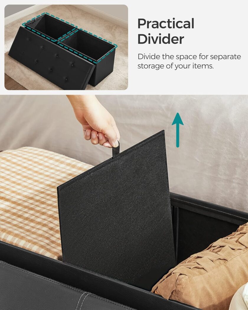 SONGMICS 43 Inches Folding Storage Ottoman Bench, Storage Chest, Footrest, Coffee Table, Padded Seat, Faux Leather, Holds up to 660 lb, Black ULSF701 - Image 8