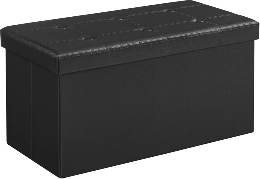 SONGMICS 43 Inches Folding Storage Ottoman Bench, Storage Chest, Footrest, Coffee Table, Padded Seat, Faux Leather, Holds up to 660 lb, Black ULSF701 - Image 16