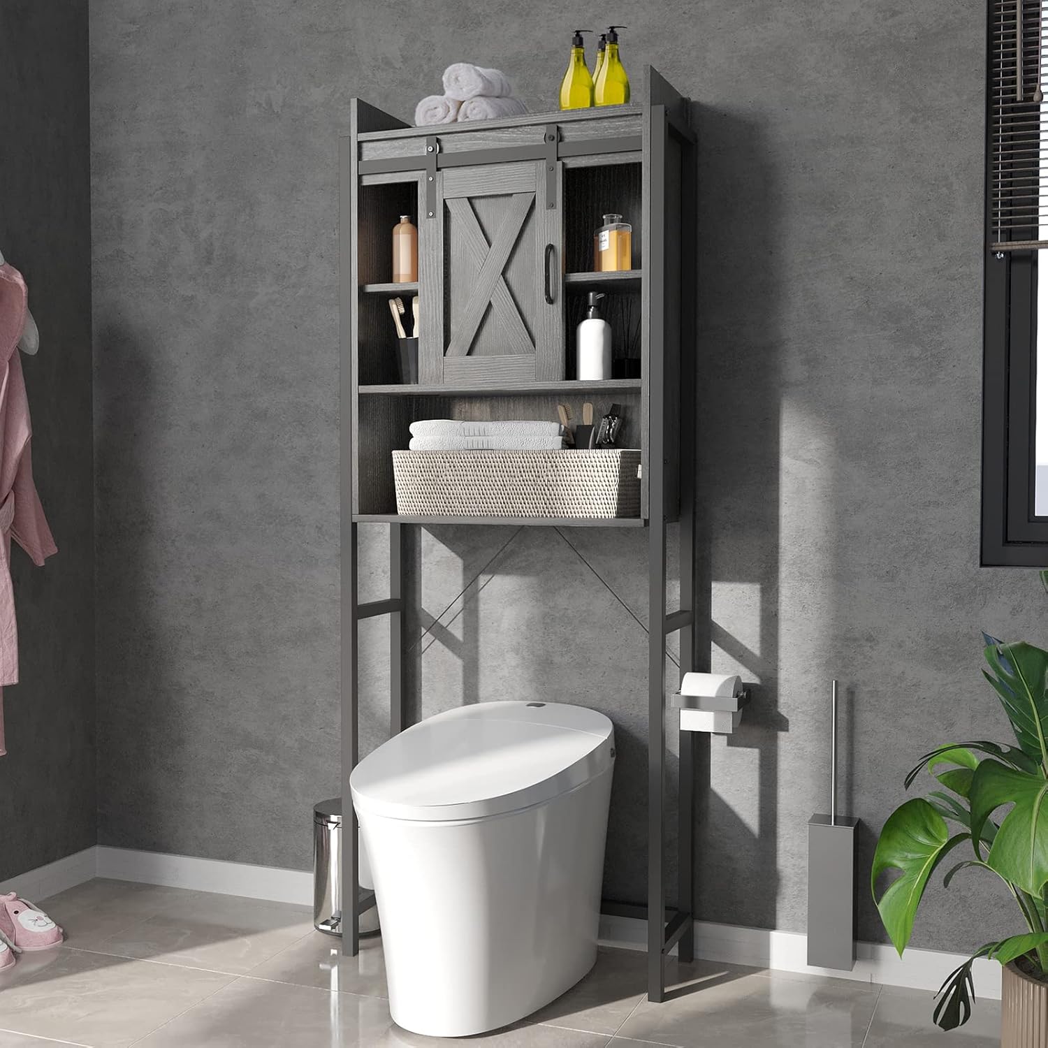 SOSPIRO Farmhouse Over The Toilet Storage with Sliding Barn Door, Freestanding Bathroom Organizer Over Toilet Storage Cabinet Shelf Space Saver Rack for Restroom, Laundry, White - Image 10