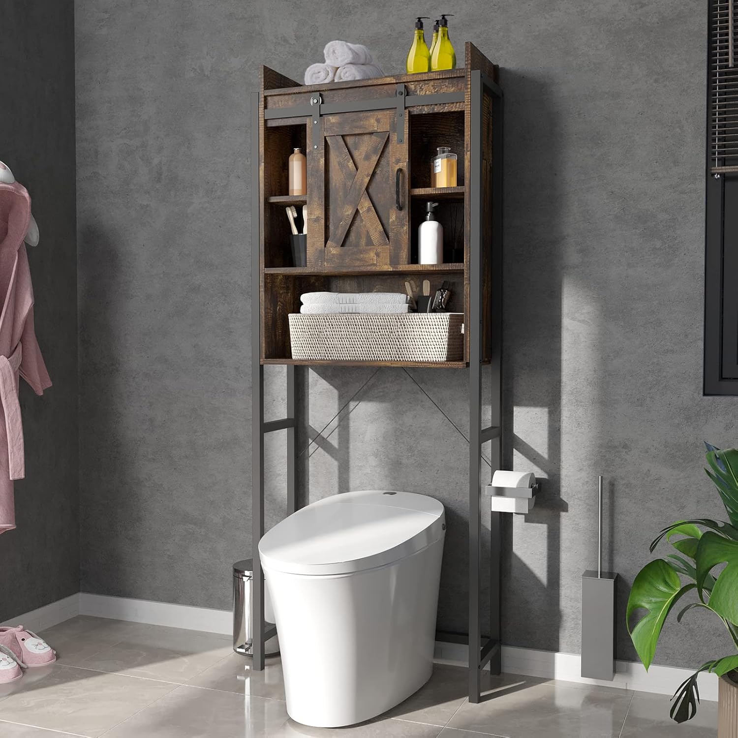 SOSPIRO Farmhouse Over The Toilet Storage with Sliding Barn Door, Freestanding Bathroom Organizer Over Toilet Storage Cabinet Shelf Space Saver Rack for Restroom, Laundry, White - Image 8