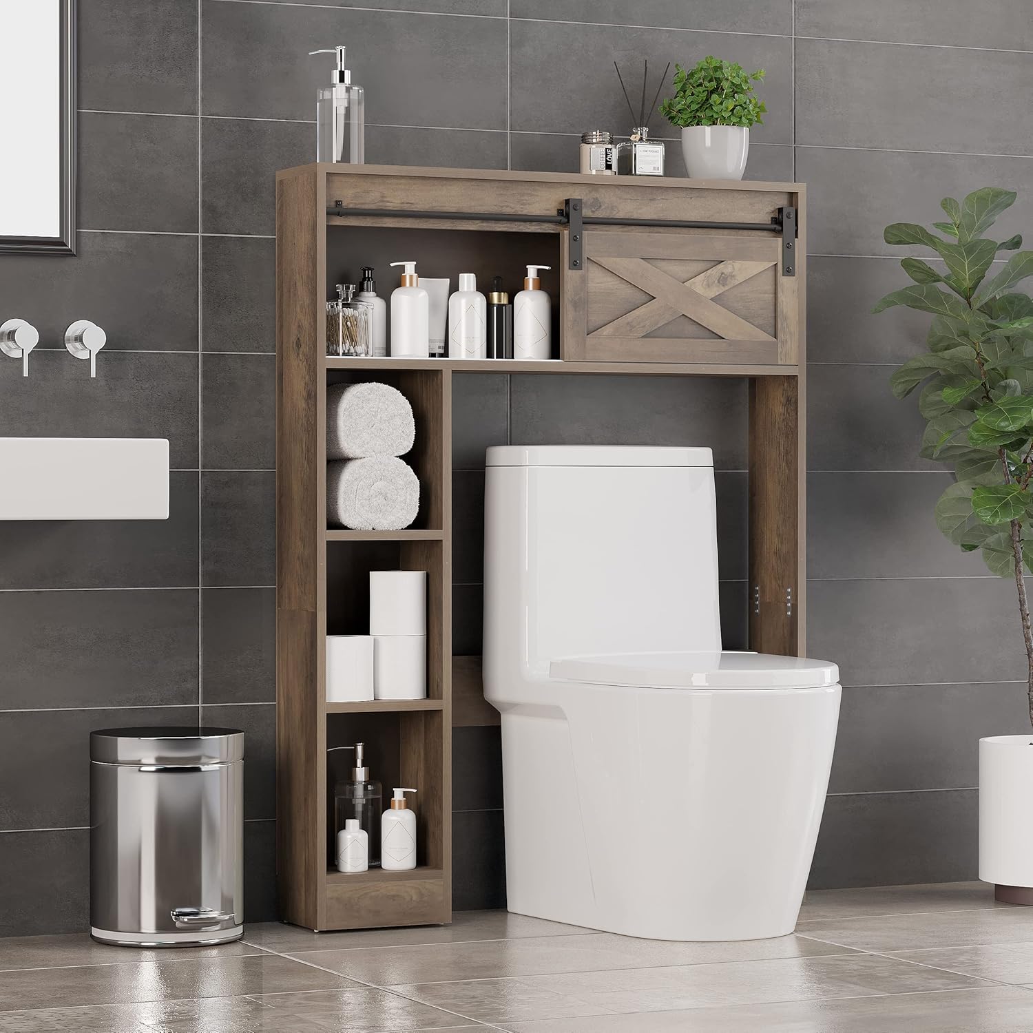SOSPIRO Farmhouse Over The Toilet Storage with Sliding Barn Door, Freestanding Bathroom Organizer Over Toilet Storage Cabinet Shelf Space Saver Rack for Restroom, Laundry, White - Image 9