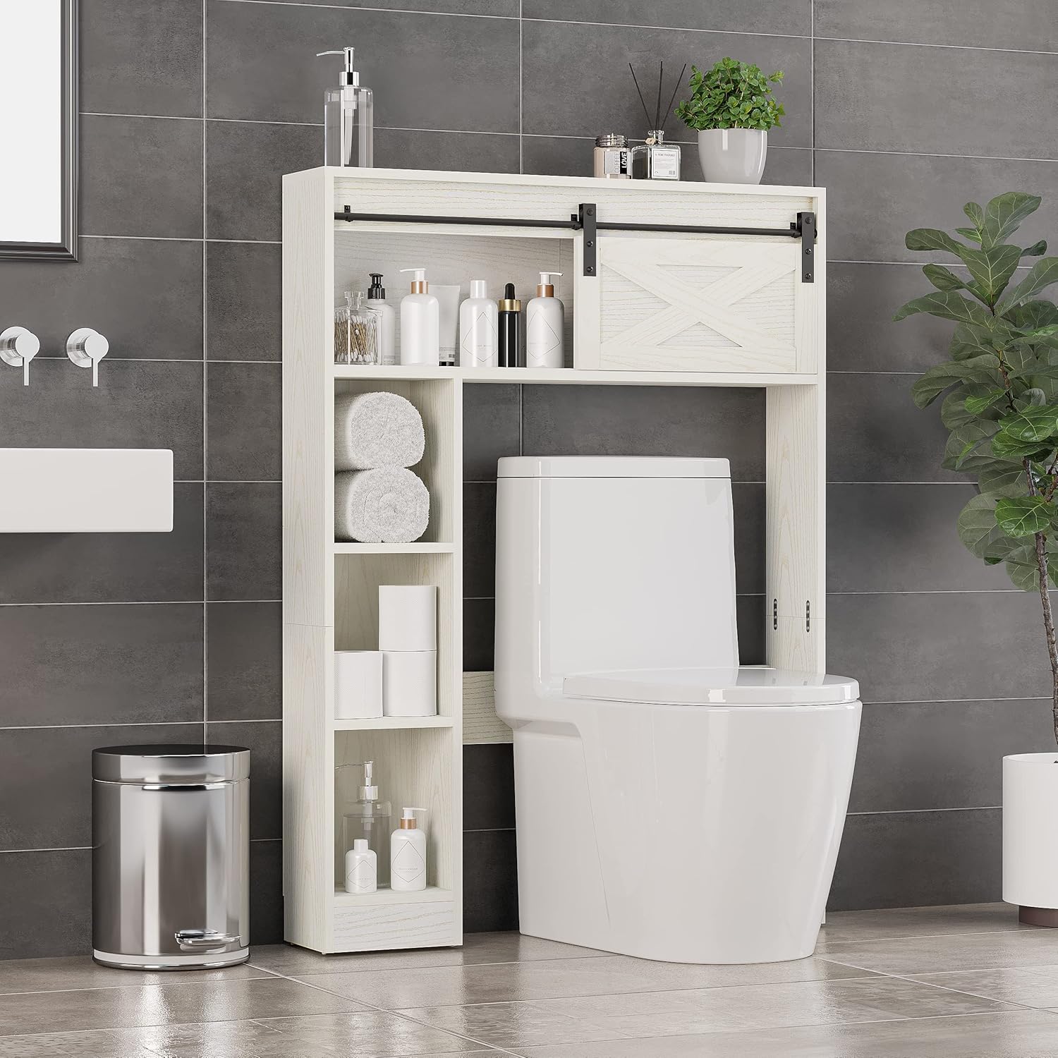SOSPIRO Farmhouse Over The Toilet Storage with Sliding Barn Door, Freestanding Bathroom Organizer Over Toilet Storage Cabinet Shelf Space Saver Rack for Restroom, Laundry, White