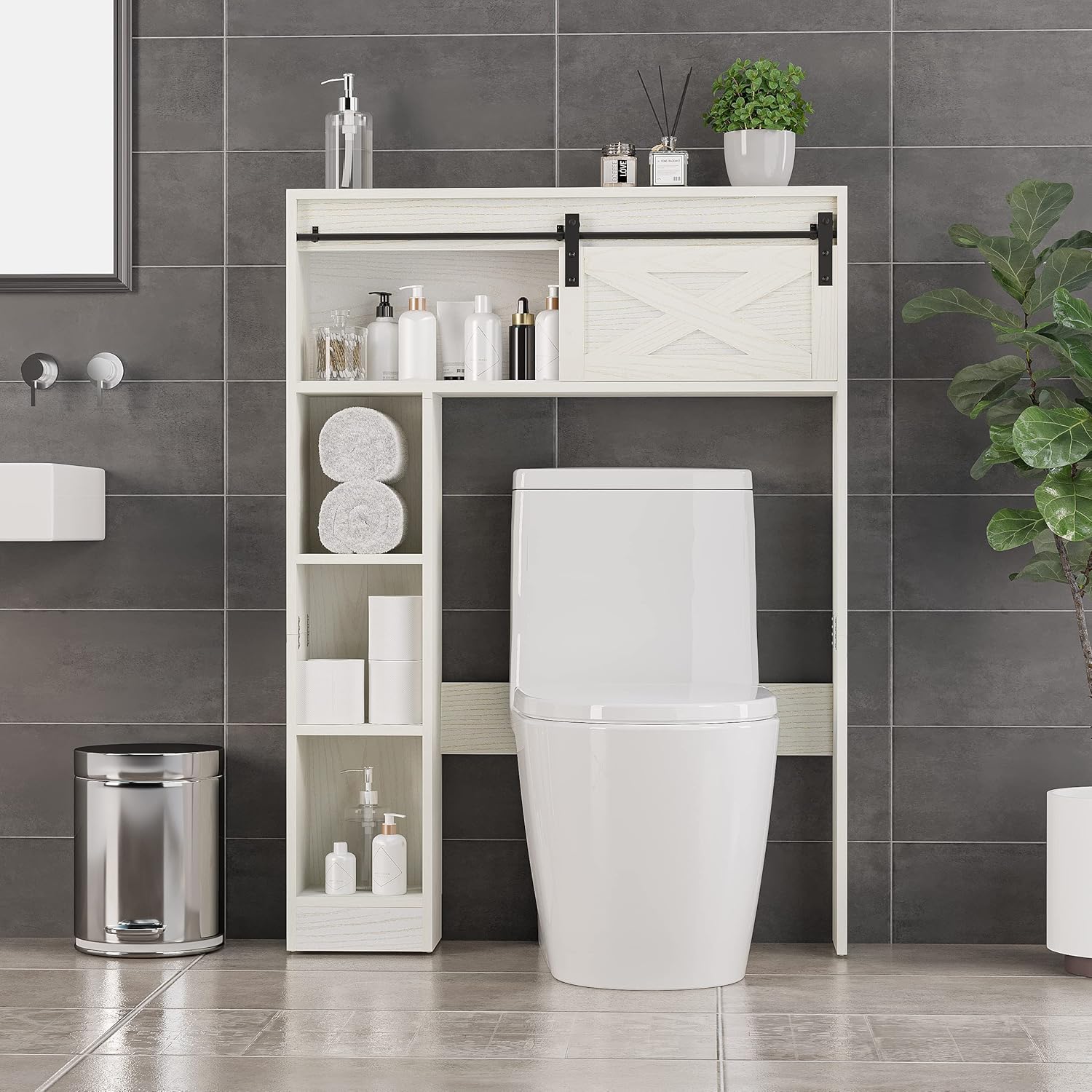 SOSPIRO Farmhouse Over The Toilet Storage with Sliding Barn Door, Freestanding Bathroom Organizer Over Toilet Storage Cabinet Shelf Space Saver Rack for Restroom, Laundry, White - Image 3