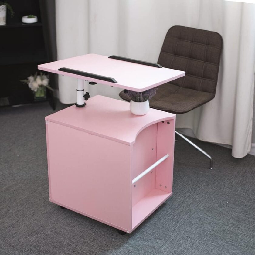 Splendent Furniture SF Upgraded Multifunctional Height Adjustable Overbed End Table Wooden Nightstand with Swivel Top, Storage Drawers, Wheels and Open Shelf, 2 Colors Black\/PinkÂ (Pink) - Image 5