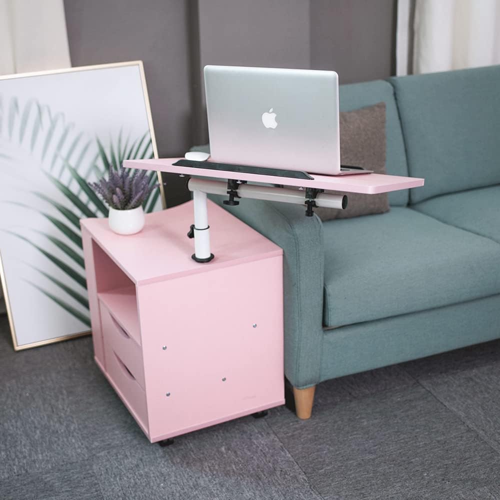 Splendent Furniture SF Upgraded Multifunctional Height Adjustable Overbed End Table Wooden Nightstand with Swivel Top, Storage Drawers, Wheels and Open Shelf, 2 Colors Black\/PinkÂ (Pink) - Image 6