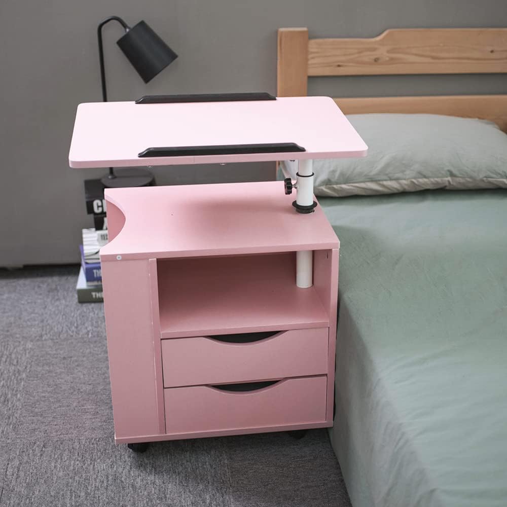 Splendent Furniture SF Upgraded Multifunctional Height Adjustable Overbed End Table Wooden Nightstand with Swivel Top, Storage Drawers, Wheels and Open Shelf, 2 Colors Black\/PinkÂ (Pink) - Image 4