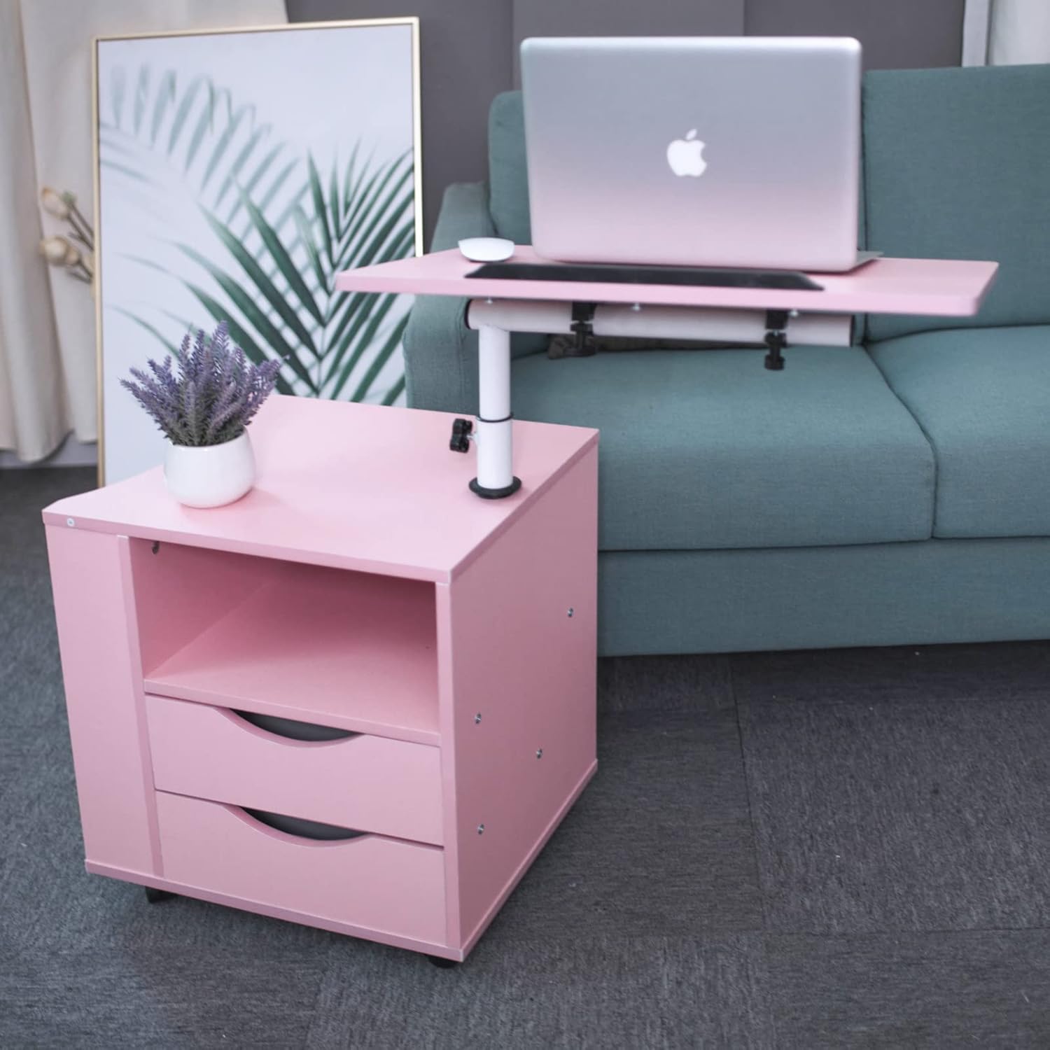 Splendent Furniture SF Upgraded Multifunctional Height Adjustable Overbed End Table Wooden Nightstand with Swivel Top, Storage Drawers, Wheels and Open Shelf, 2 Colors Black\/PinkÂ (Pink)