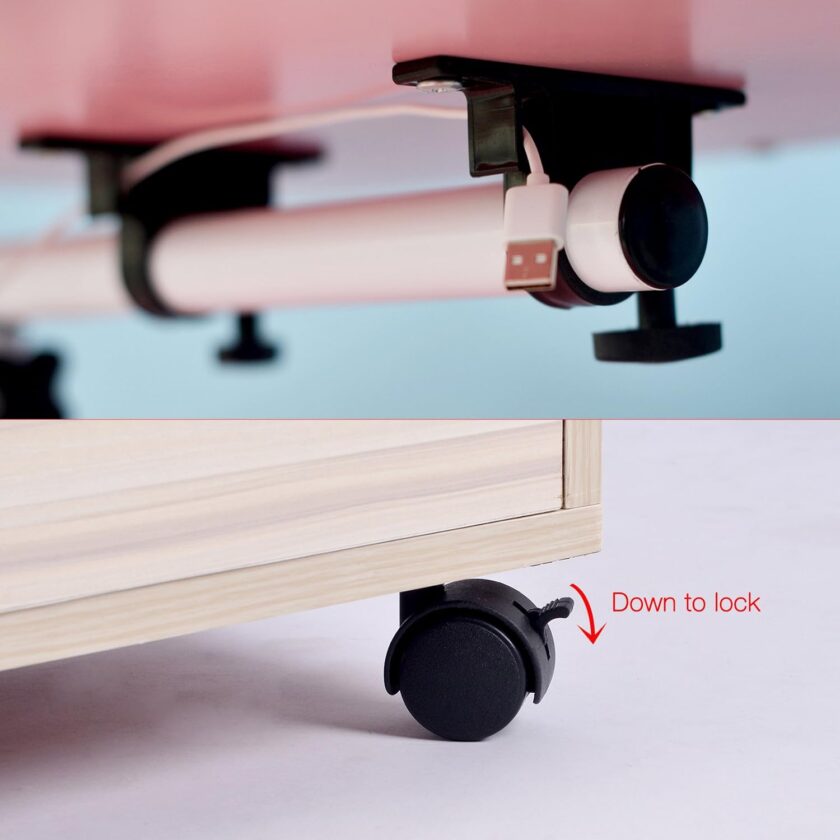 Splendent Furniture SF Upgraded Multifunctional Height Adjustable Overbed End Table Wooden Nightstand with Swivel Top, Storage Drawers, Wheels and Open Shelf, 2 Colors Black\/PinkÂ (Pink) - Image 7
