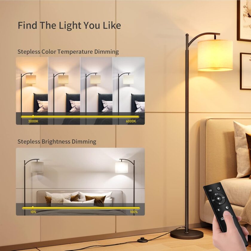 SUNMORY Arc Floor Lamp, Modern Floor Lamp with Romote Control and Stepless Dimmable Bulb, Metal Standing Lamps with Hanging Lampshade for Living Room, Bedroom, Office (Black) - Image 2