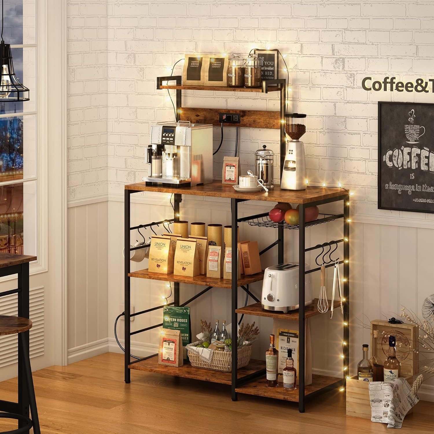 SUPERJARE Bakers Rack with Power Outlet, Microwave Stand, Coffee Bar with Wire Basket, Kitchen Storage Rack with 6 S-Hooks, Kitchen Shelves for Spices, Pots and Pans - Rustic Brown - Image 4