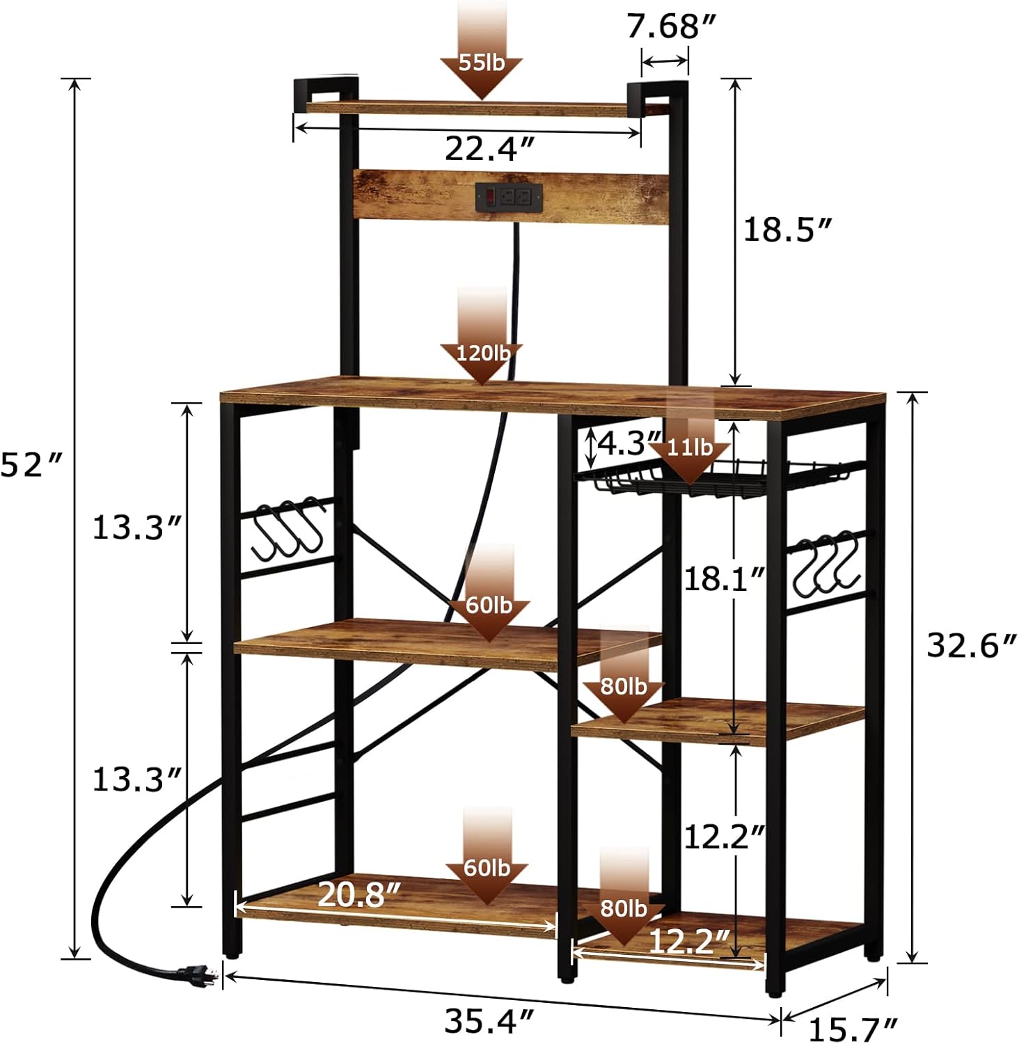 SUPERJARE Bakers Rack with Power Outlet, Microwave Stand, Coffee Bar with Wire Basket, Kitchen Storage Rack with 6 S-Hooks, Kitchen Shelves for Spices, Pots and Pans - Rustic Brown - Image 5