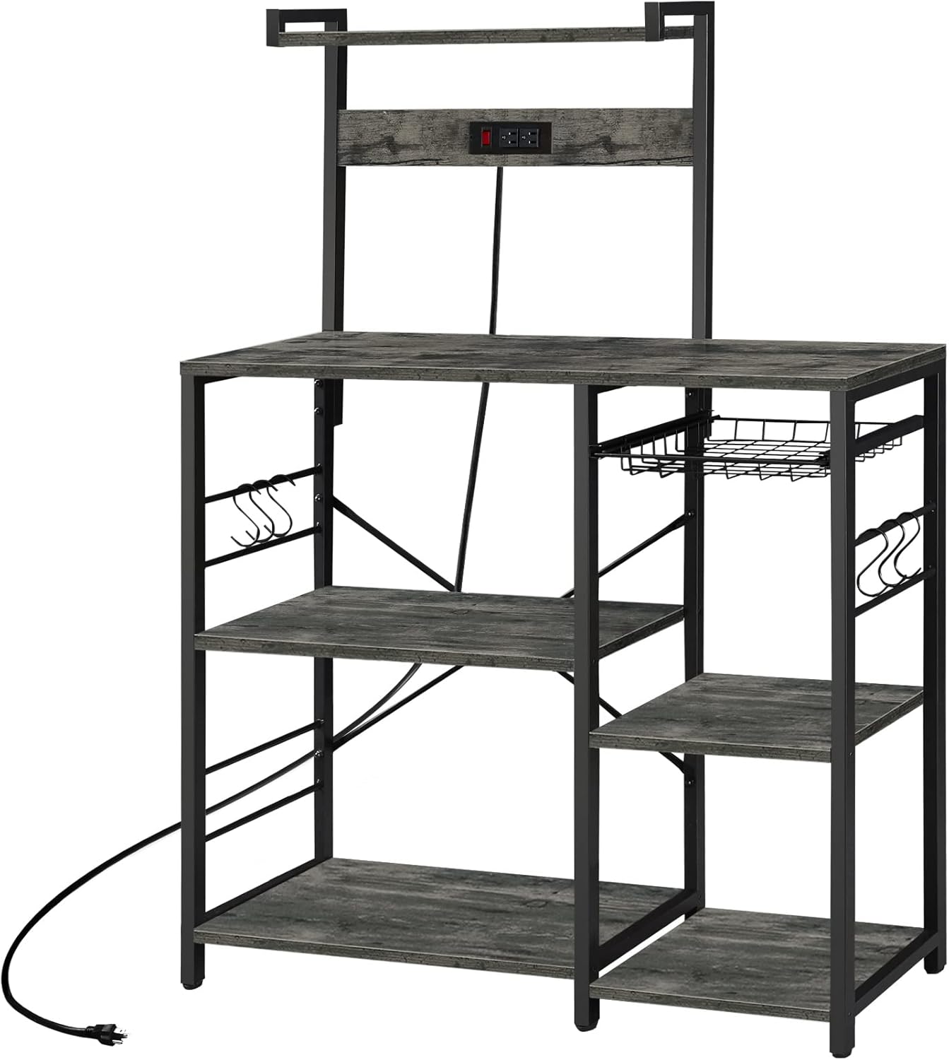 SUPERJARE Bakers Rack with Power Outlet, Microwave Stand, Coffee Bar with Wire Basket, Kitchen Storage Rack with 6 S-Hooks, Kitchen Shelves for Spices, Pots and Pans - Rustic Brown - Image 8
