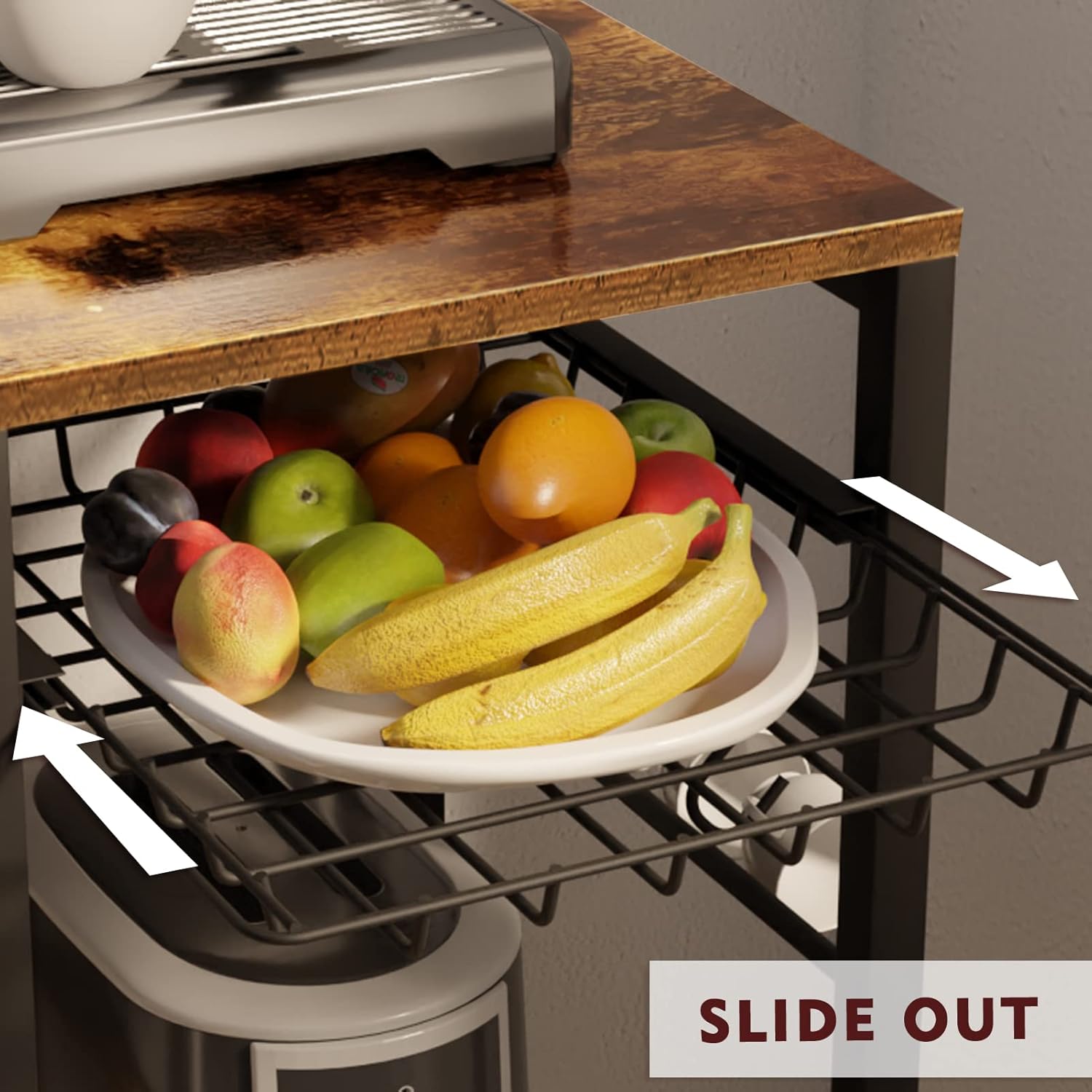 SUPERJARE Bakers Rack with Power Outlet, Microwave Stand, Coffee Bar with Wire Basket, Kitchen Storage Rack with 6 S-Hooks, Kitchen Shelves for Spices, Pots and Pans - Rustic Brown - Image 6