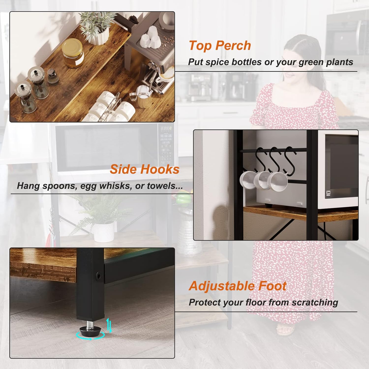 SUPERJARE Bakers Rack with Power Outlet, Microwave Stand, Coffee Bar with Wire Basket, Kitchen Storage Rack with 6 S-Hooks, Kitchen Shelves for Spices, Pots and Pans - Rustic Brown - Image 7