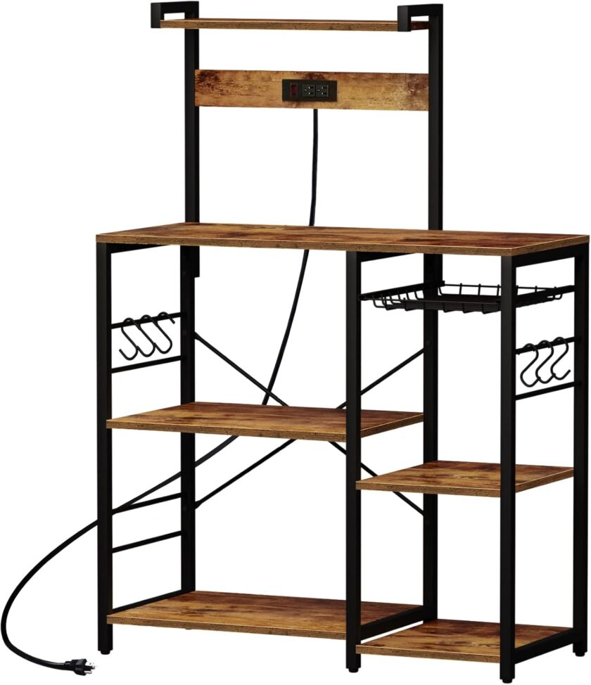 SUPERJARE Bakers Rack with Power Outlet, Microwave Stand, Coffee Bar with Wire Basket, Kitchen Storage Rack with 6 S-Hooks, Kitchen Shelves for Spices, Pots and Pans - Rustic Brown
